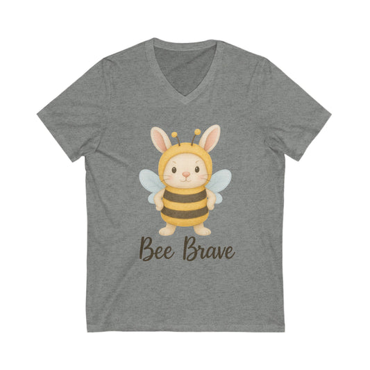 Bee Brave Bunny V-Neck T-Shirt – Strong Rabbit in Bumblebee Costume - Unisex Jersey Short Sleeve Tee