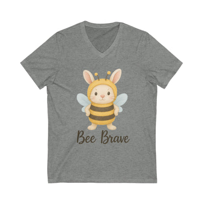 Bee Brave Bunny V-Neck T-Shirt – Strong Rabbit in Bumblebee Costume - Unisex Jersey Short Sleeve Tee