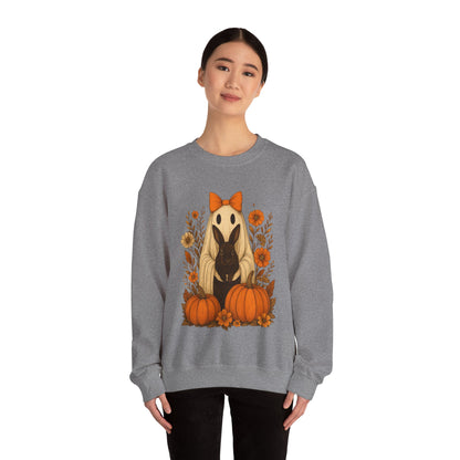 Vintage Black Rabbit with Pumpkins & Florals - Ghostly Garden Bunny Halloween Sweatshirt – Autumn Ghost Crewneck - Cozy Cute Gift
