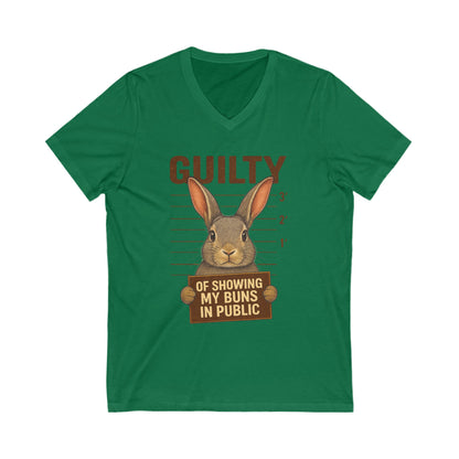 Guilty of Showing My Buns in Public V-Neck Tee - Funny Rabbit Shirt - Unisex Graphic Top - Casual Bunny Wear