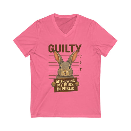 Guilty of Showing My Buns in Public V-Neck Tee - Funny Rabbit Shirt - Unisex Graphic Top - Casual Bunny Wear