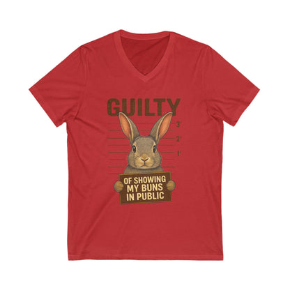 Guilty of Showing My Buns in Public V-Neck Tee - Funny Rabbit Shirt - Unisex Graphic Top - Casual Bunny Wear