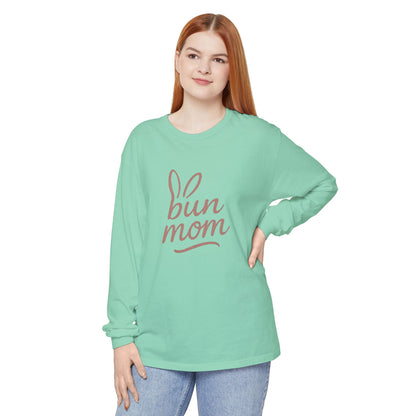 Bun Mom Long Sleeve T-Shirt | Rabbit Ears Vintage Dusty Rose Ink Script Tee - Bunny Lovers Gift Idea