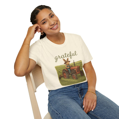 Grateful Acres Tractor Bunny Tee - Unisex Softstyle T-Shirt - Country Apparel - Farm Life Tee - Gift for Farmers & Rabbit Owners