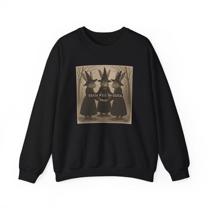 Girls Will Be Girls – Witchy Rabbit Crewneck Sweatshirt | Cozy Whimsical Rabbit Sweatshirt for Girls & Women - Halloween & Fall Collection