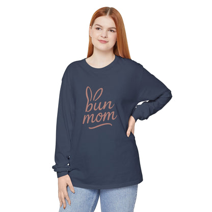 Bun Mom Long Sleeve T-Shirt | Rabbit Ears Vintage Dusty Rose Ink Script Tee - Bunny Lovers Gift Idea