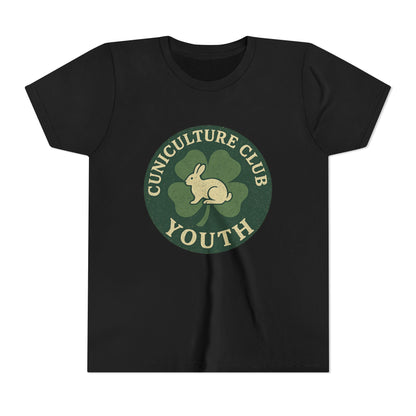 Cuniculture Club Youth Unisex T-Shirt – Distressed Clover & Bunny Emblem Tee - Fun Farm Kids Rabbit Club Shirt