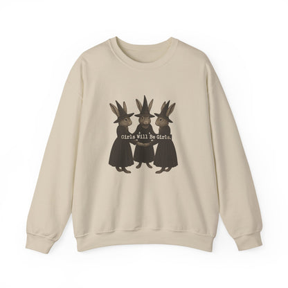 Girls Will Be Girls Witchy Rabbit Sweatshirt | Whimsical Bunny Witch Sisterhood Crewneck - Halloween & Fall Collection