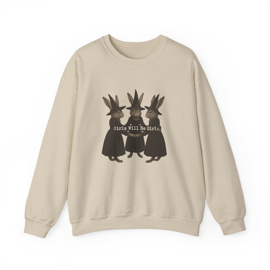 Girls Will Be Girls Witchy Rabbit Sweatshirt | Whimsical Bunny Witch Sisterhood Crewneck - Halloween & Fall Collection