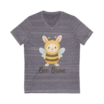 Bee Brave Bunny V-Neck T-Shirt – Strong Rabbit in Bumblebee Costume - Unisex Jersey Short Sleeve Tee