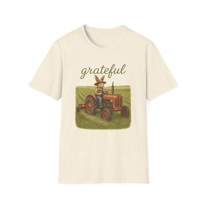 Grateful Acres Tractor Bunny Tee - Unisex Softstyle T-Shirt - Country Apparel - Farm Life Tee - Gift for Farmers & Rabbit Owners