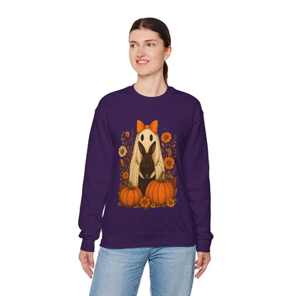 Vintage Black Rabbit with Pumpkins & Florals - Ghostly Garden Bunny Halloween Sweatshirt – Autumn Ghost Crewneck - Cozy Cute Gift