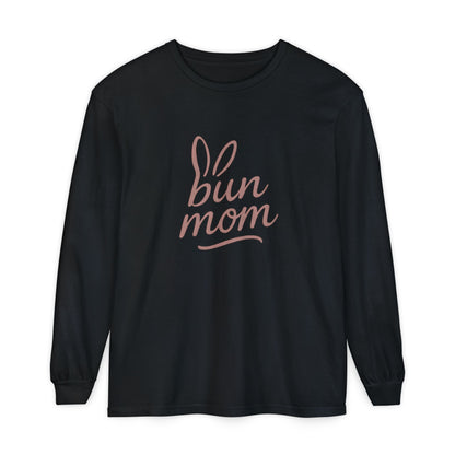 Bun Mom Long Sleeve T-Shirt | Rabbit Ears Vintage Dusty Rose Ink Script Tee - Bunny Lovers Gift Idea