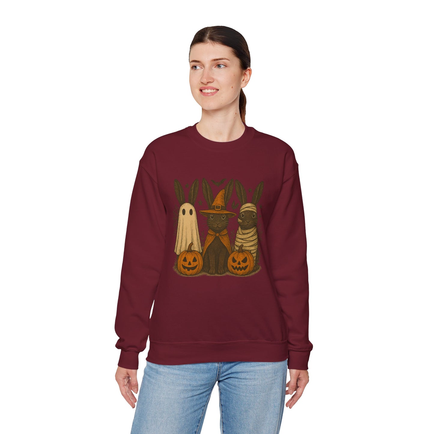 Ghosts, Witches & Mummies—Oh My! Halloween Bunny Sweatshirt - Cozy Fall Rabbit Apparel - Unisex Spooky Season Crewneck