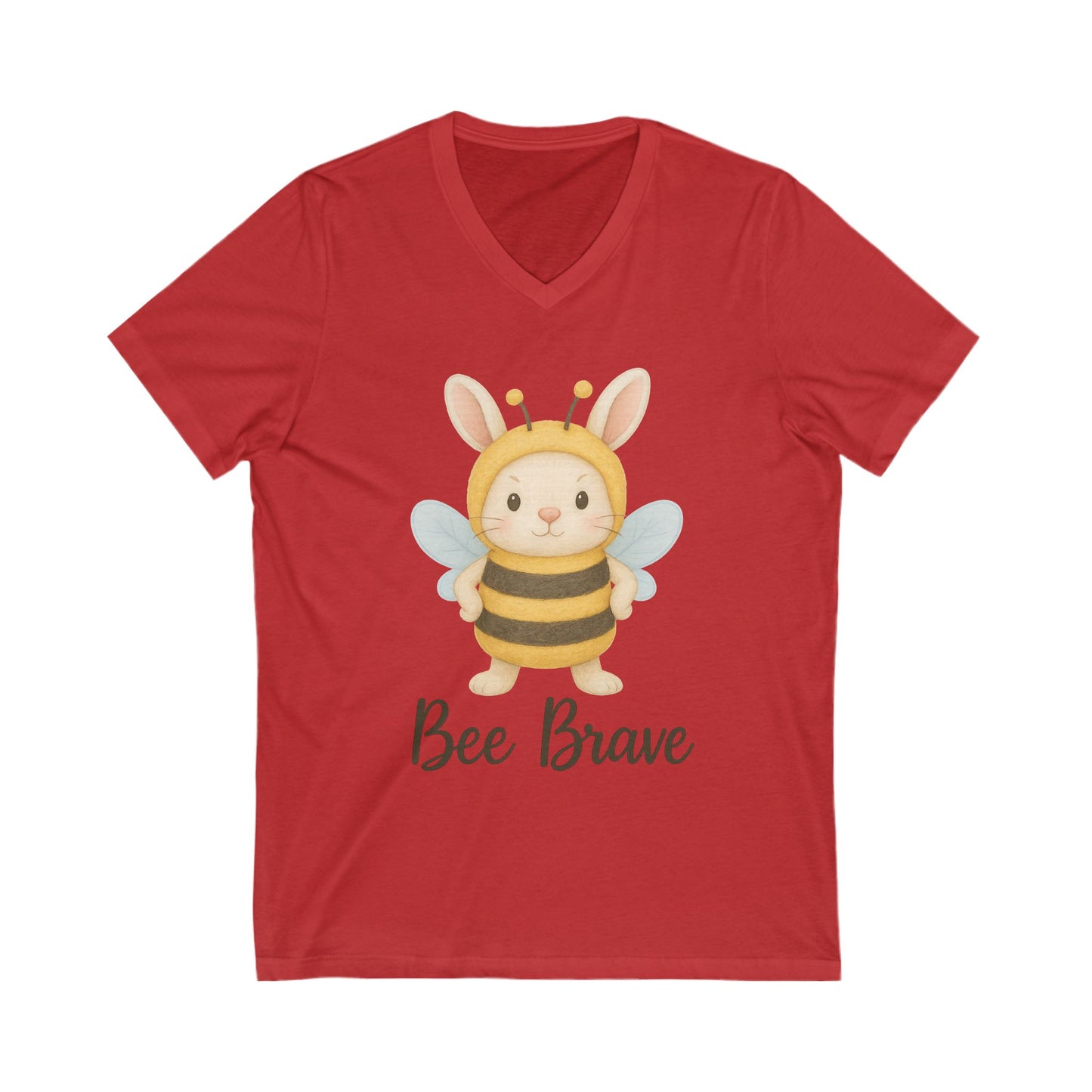 Bee Brave Bunny V-Neck T-Shirt – Strong Rabbit in Bumblebee Costume - Unisex Jersey Short Sleeve Tee