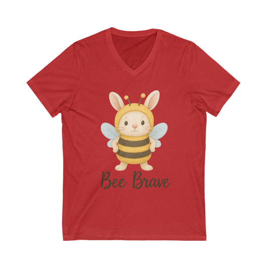 Bee Brave Bunny V-Neck T-Shirt – Strong Rabbit in Bumblebee Costume - Unisex Jersey Short Sleeve Tee