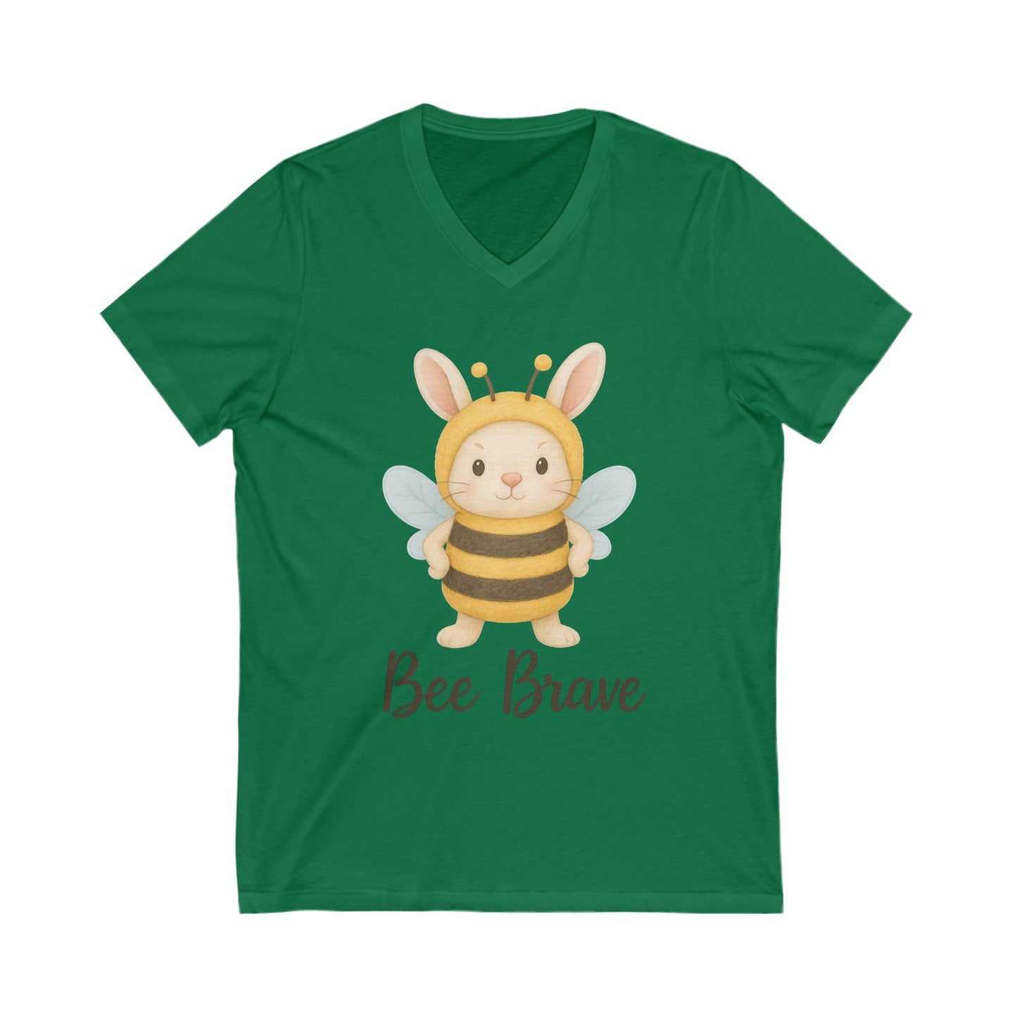 Bee Brave Bunny V-Neck T-Shirt – Strong Rabbit in Bumblebee Costume - Unisex Jersey Short Sleeve Tee