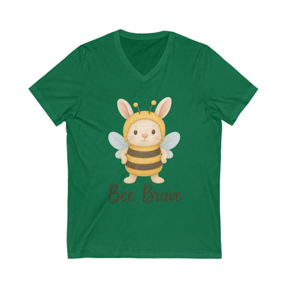 Bee Brave Bunny V-Neck T-Shirt – Strong Rabbit in Bumblebee Costume - Unisex Jersey Short Sleeve Tee