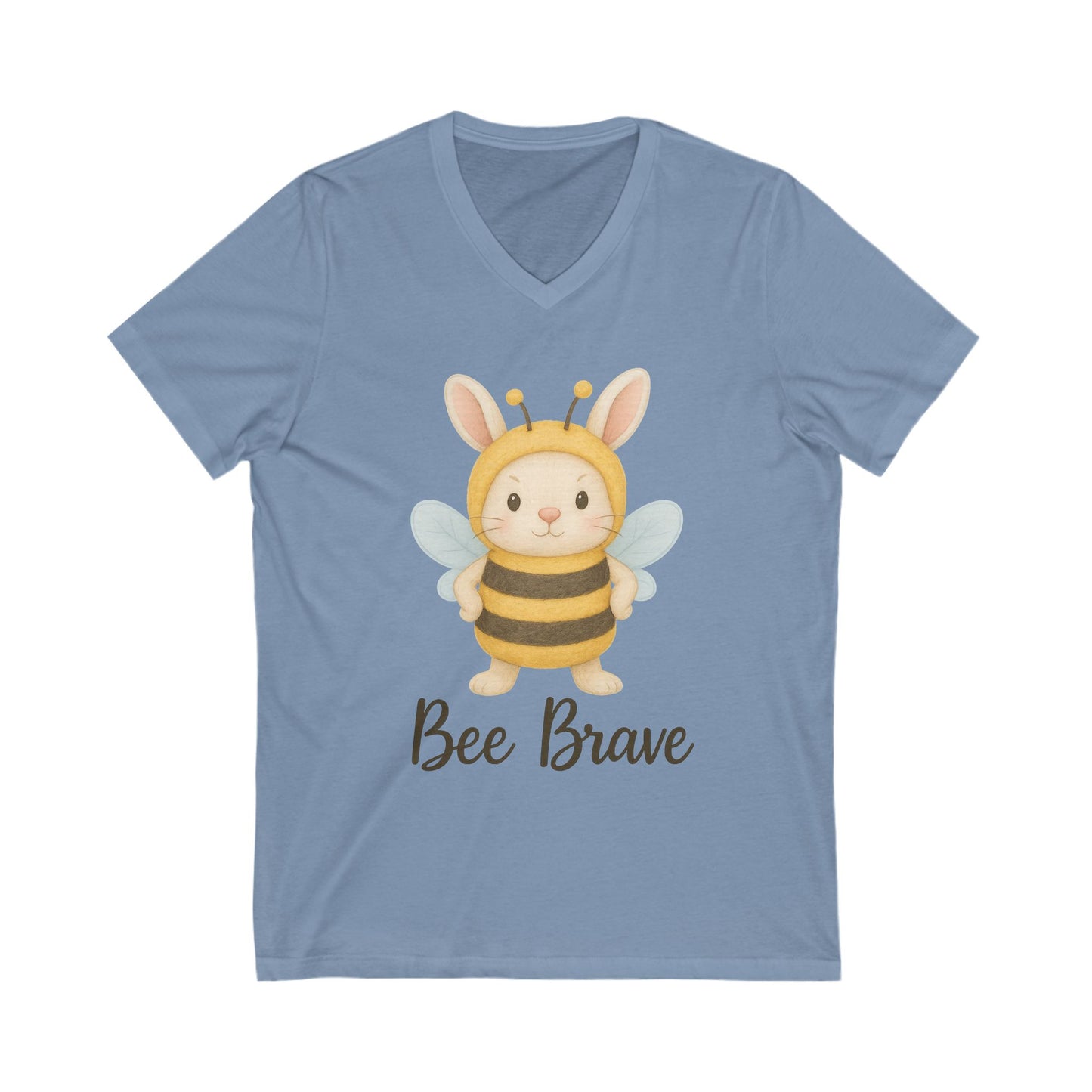 Bee Brave Bunny V-Neck T-Shirt – Strong Rabbit in Bumblebee Costume - Unisex Jersey Short Sleeve Tee