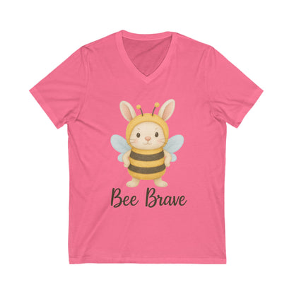 Bee Brave Bunny V-Neck T-Shirt – Strong Rabbit in Bumblebee Costume - Unisex Jersey Short Sleeve Tee