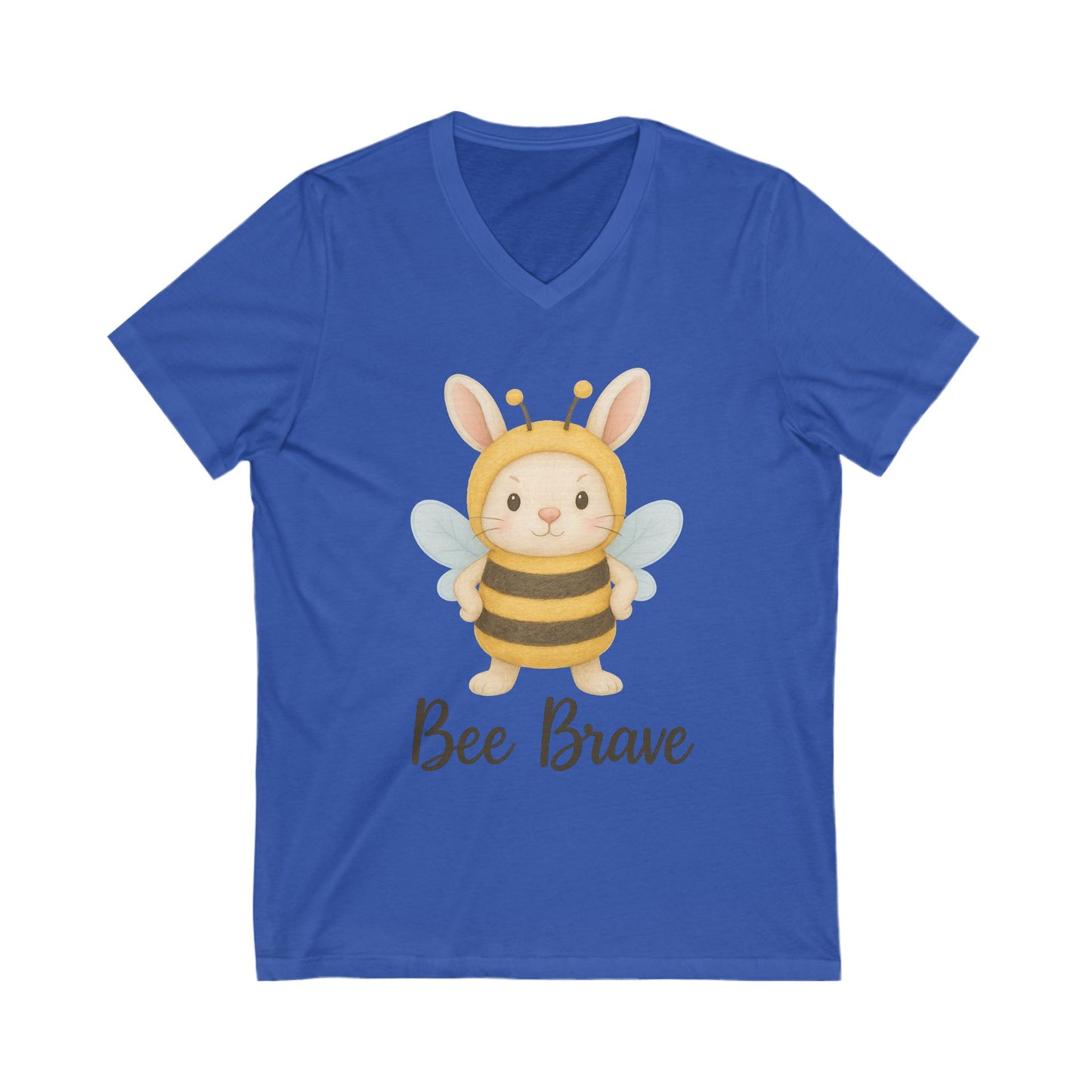 Bee Brave Bunny V-Neck T-Shirt – Strong Rabbit in Bumblebee Costume - Unisex Jersey Short Sleeve Tee