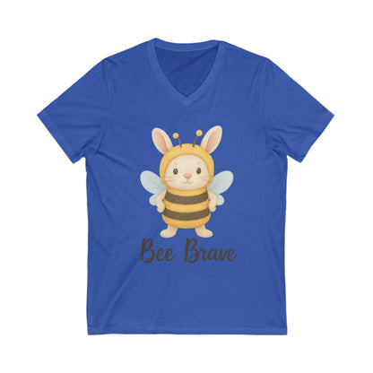 Bee Brave Bunny V-Neck T-Shirt – Strong Rabbit in Bumblebee Costume - Unisex Jersey Short Sleeve Tee