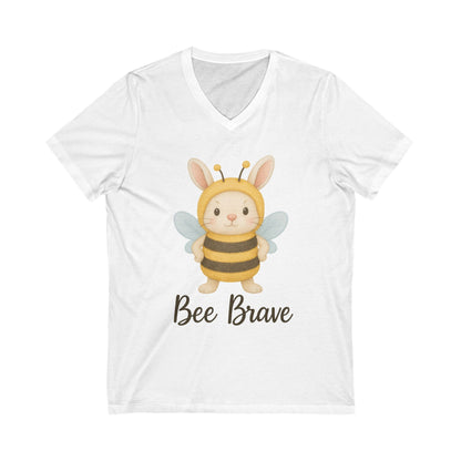 Bee Brave Bunny V-Neck T-Shirt – Strong Rabbit in Bumblebee Costume - Unisex Jersey Short Sleeve Tee
