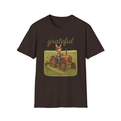 Grateful Acres Tractor Bunny Tee - Unisex Softstyle T-Shirt - Country Apparel - Farm Life Tee - Gift for Farmers & Rabbit Owners