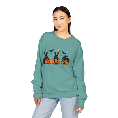 Pumpkin Patch Bunnies Halloween Sweatshirt – Rabbit & Jack-o’-Lantern Crewneck | Cozy Fall Fashion Unisex Apparel - Spooky Season Gift