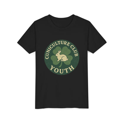 Cuniculture Club Youth Unisex T-Shirt – Distressed Clover & Bunny Emblem Tee - Fun Farm Kids Rabbit Club Shirt
