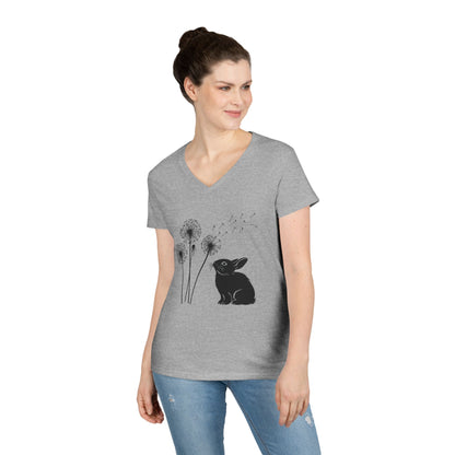 Wishful Whiskers Bunny & Dandelion V-Neck Tee – Cuniculture Club Original Whimsical Rabbit Shirt - Floral Dandelion Fashion - Nature Lover Gift