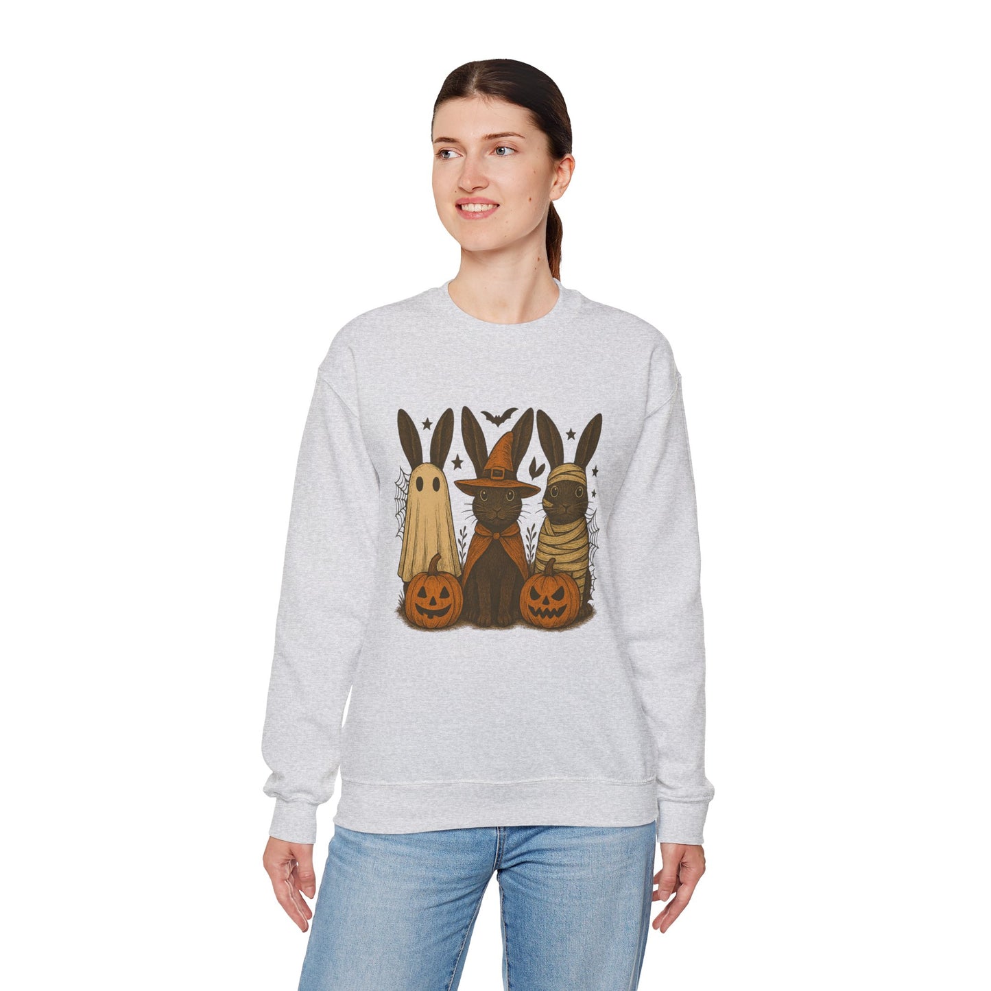 Ghosts, Witches & Mummies—Oh My! Halloween Bunny Sweatshirt - Cozy Fall Rabbit Apparel - Unisex Spooky Season Crewneck