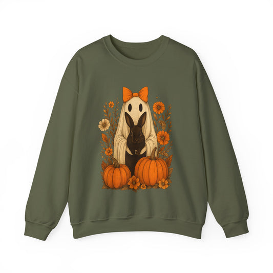 Vintage Black Rabbit with Pumpkins & Florals - Ghostly Garden Bunny Halloween Sweatshirt – Autumn Ghost Crewneck - Cozy Cute Gift