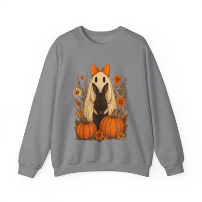 Vintage Black Rabbit with Pumpkins & Florals - Ghostly Garden Bunny Halloween Sweatshirt – Autumn Ghost Crewneck - Cozy Cute Gift