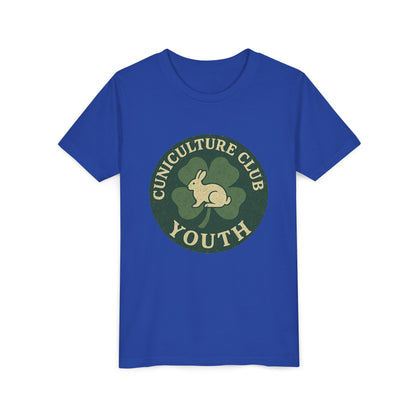 Cuniculture Club Youth Unisex T-Shirt – Distressed Clover & Bunny Emblem Tee - Fun Farm Kids Rabbit Club Shirt