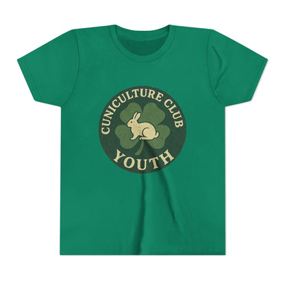 Cuniculture Club Youth Unisex T-Shirt – Distressed Clover & Bunny Emblem Tee - Fun Farm Kids Rabbit Club Shirt