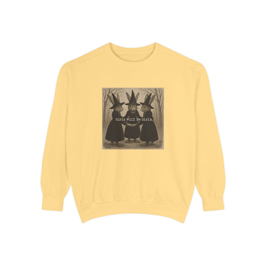 Girls Will Be Girls Rabbit Witch Circle – Garment-Dyed Bunny Sweatshirt | Halloween & Fall Collection
