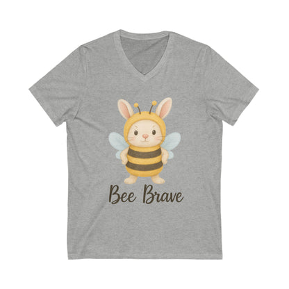 Bee Brave Bunny V-Neck T-Shirt – Strong Rabbit in Bumblebee Costume - Unisex Jersey Short Sleeve Tee
