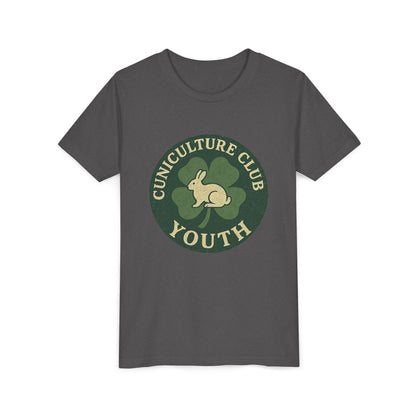 Cuniculture Club Youth Unisex T-Shirt – Distressed Clover & Bunny Emblem Tee - Fun Farm Kids Rabbit Club Shirt