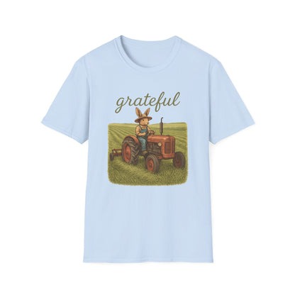 Grateful Acres Tractor Bunny Tee - Unisex Softstyle T-Shirt - Country Apparel - Farm Life Tee - Gift for Farmers & Rabbit Owners