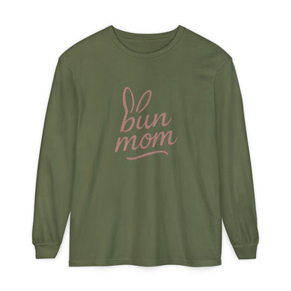 Bun Mom Long Sleeve T-Shirt | Rabbit Ears Vintage Dusty Rose Ink Script Tee - Bunny Lovers Gift Idea
