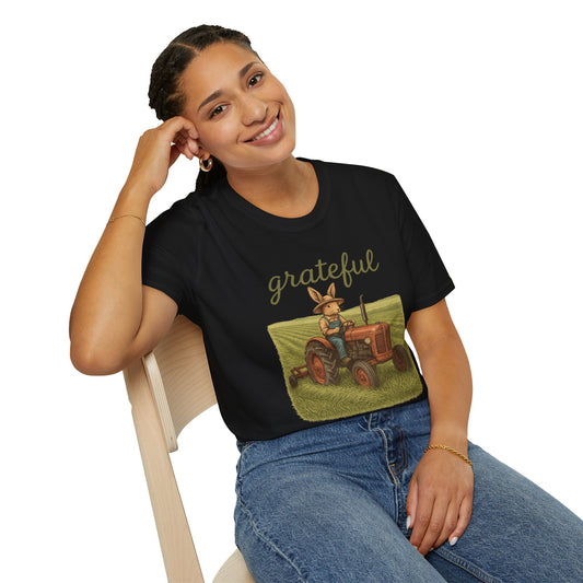 Grateful Acres Tractor Bunny Tee - Unisex Softstyle T-Shirt - Country Apparel - Farm Life Tee - Gift for Farmers & Rabbit Owners