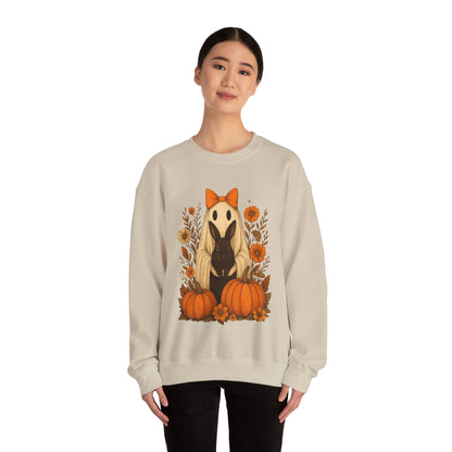 Vintage Black Rabbit with Pumpkins & Florals - Ghostly Garden Bunny Halloween Sweatshirt – Autumn Ghost Crewneck - Cozy Cute Gift