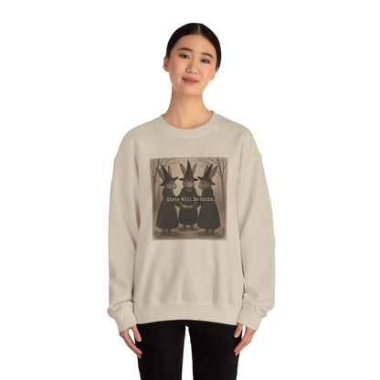 Girls Will Be Girls – Witchy Rabbit Crewneck Sweatshirt | Cozy Whimsical Rabbit Sweatshirt for Girls & Women - Halloween & Fall Collection