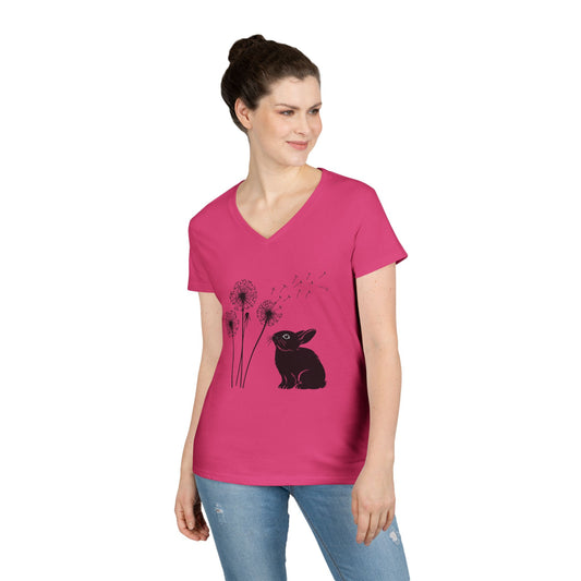 Wishful Whiskers Bunny & Dandelion V-Neck Tee – Cuniculture Club Original Whimsical Rabbit Shirt - Floral Dandelion Fashion - Nature Lover Gift