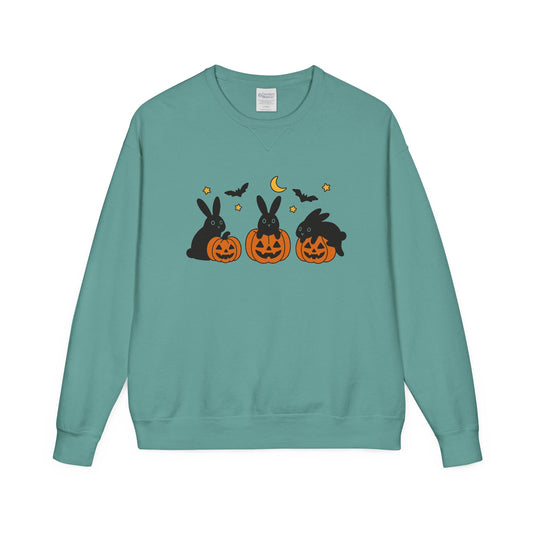 Pumpkin Patch Bunnies Halloween Sweatshirt – Rabbit & Jack-o’-Lantern Crewneck | Cozy Fall Fashion Unisex Apparel - Spooky Season Gift