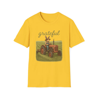 Grateful Acres Tractor Bunny Tee - Unisex Softstyle T-Shirt - Country Apparel - Farm Life Tee - Gift for Farmers & Rabbit Owners