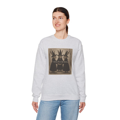 Girls Will Be Girls – Witchy Rabbit Crewneck Sweatshirt | Cozy Whimsical Rabbit Sweatshirt for Girls & Women - Halloween & Fall Collection