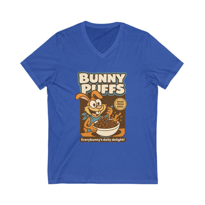 Bunny Puffs Cereal Parody | Retro Rabbit V-Neck Tee - Funny Unisex T-Shirt - Vintage Style Shirt - Gift Idea