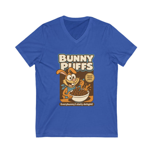 Bunny Puffs Cereal Parody | Retro Rabbit V-Neck Tee - Funny Unisex T-Shirt - Vintage Style Shirt - Gift Idea